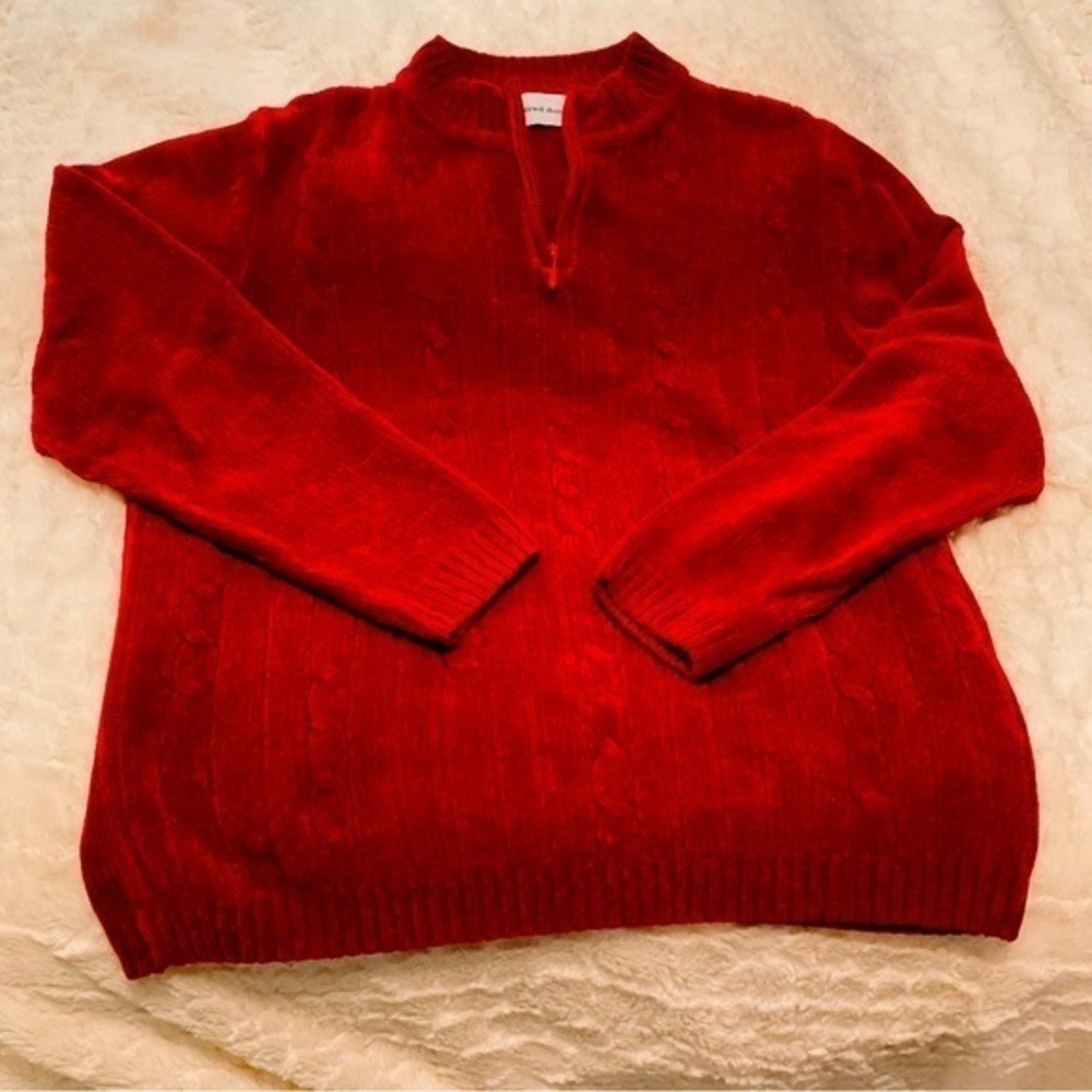 Alfred Dunner Small Zip front Cabled Red Chenille Sweater/Cardigan soft cozy